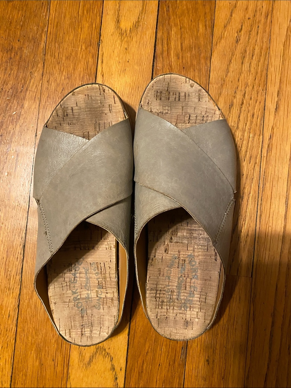 Kork-Ease Olive Taupe Leather Crossband Slide Sandals